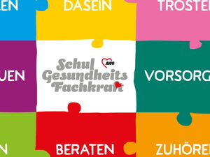Puzzle mit Schlagworten was die Schulgesundheitsfachkräfte machen: Schützen, Dasein, Trösten, Helfen, Beraten...