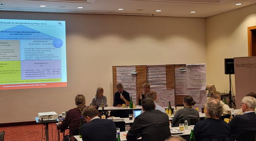 Konferenzraum. Teilnehmer sitzen an Tischen mit Getränken. Eine Präsentation wird an die Wand geworfen. 3 Personen sitzen den Teilnehmern zugewandt, die Person in der Mitte spricht in ein Mikrofon.