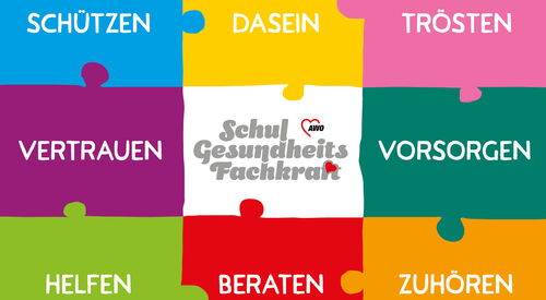 9 Puzzleteile zusammen zu einem Rechteck. Teile in verschiedenen Farben und beschriftet. Blau: Schützen, Gelb: Dasein, Rosa: Trösten, Lila: Vertrauen, Weiß: SGF, Dunkelgrün: Vorsorgen, Grün: Helfen, Rot: Beraten, Orange: Zuhören